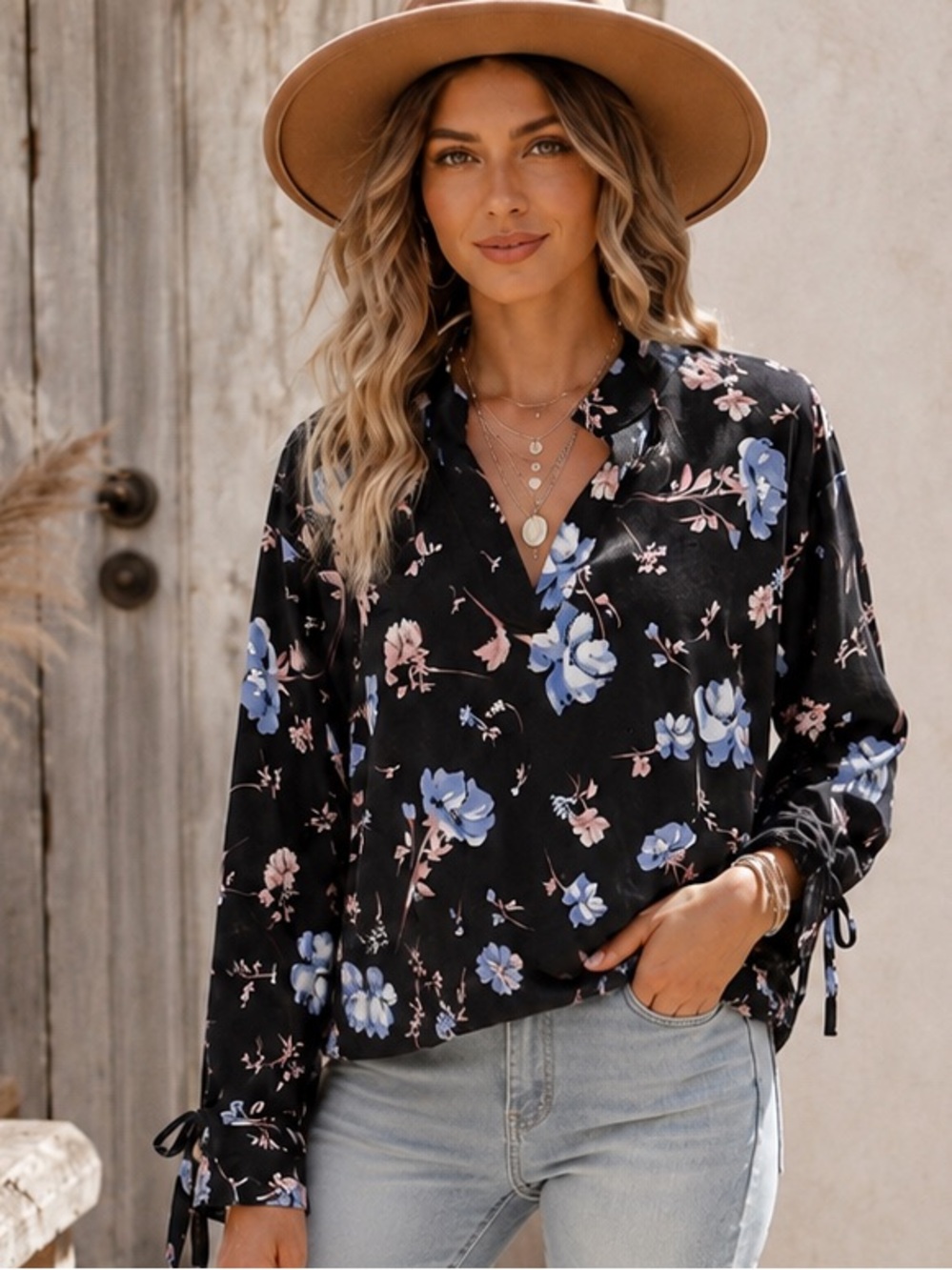 Lildy Floral Split Sleeve Boho Tunic Top Black Blue Pink L/XL